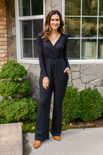 Load image into Gallery viewer, Onward &amp; Upward Faux Wrap Jumpsuit In Black
